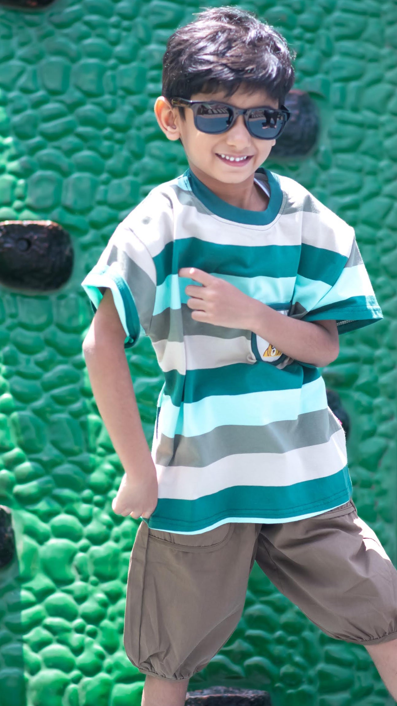 Green and grey T-shirt with Brown Pant set