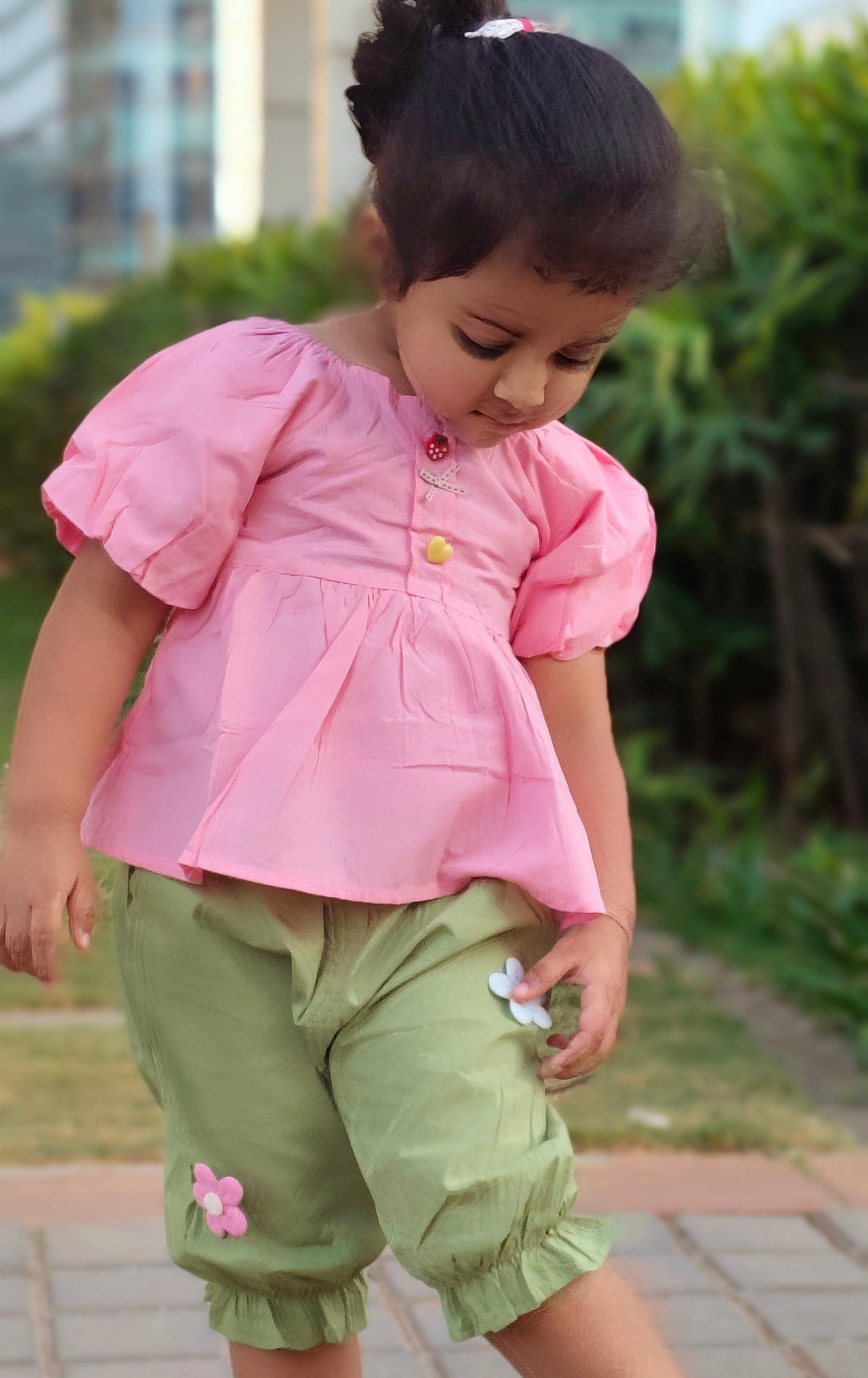 Girls Puff Sleeve Top and Green Floral Bloomers Set, Summer Outfit