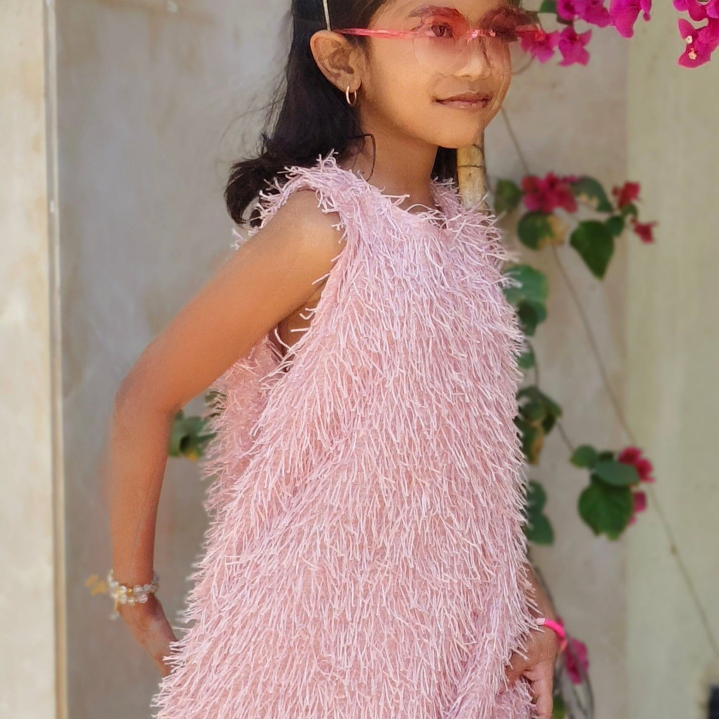 Girls Fringe Party Dress, Sleeveless A-Line, Pink