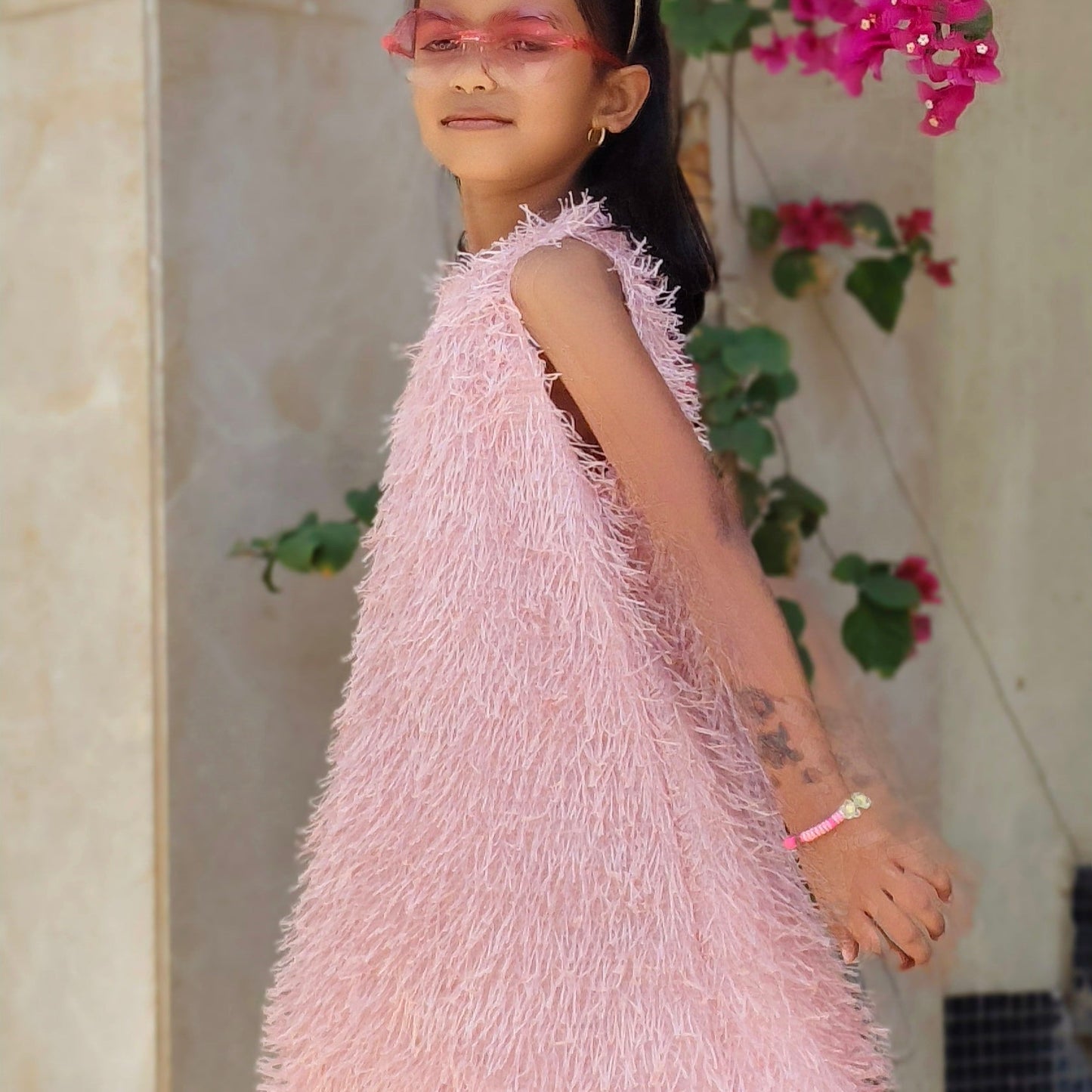 Girls Fringe Party Dress, Sleeveless A-Line, Pink