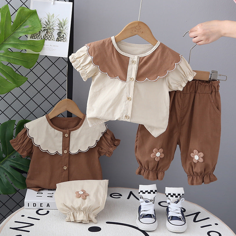 Summer Two-Piece Lace Collar,Trousers Girls' Short Sleeve suit