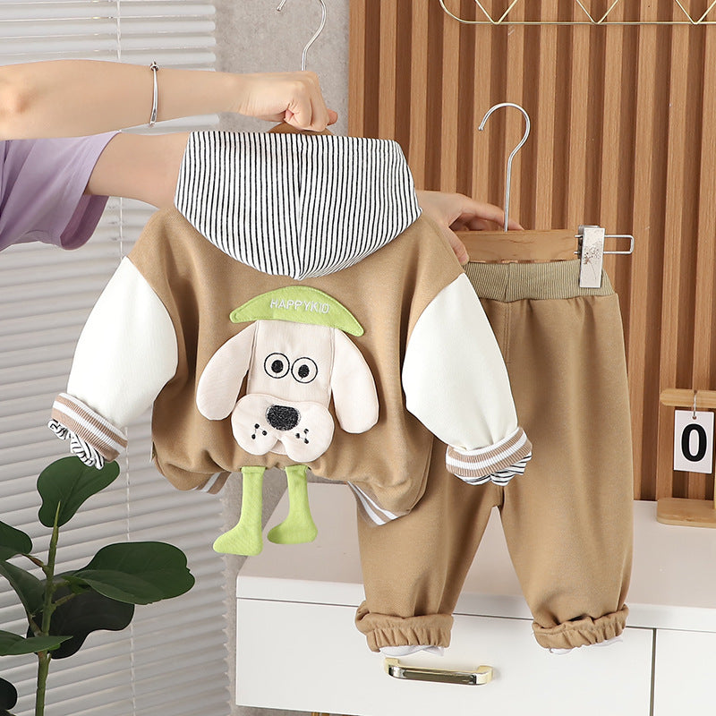 varsity jacket with a striped hood and pants for a trendy look.