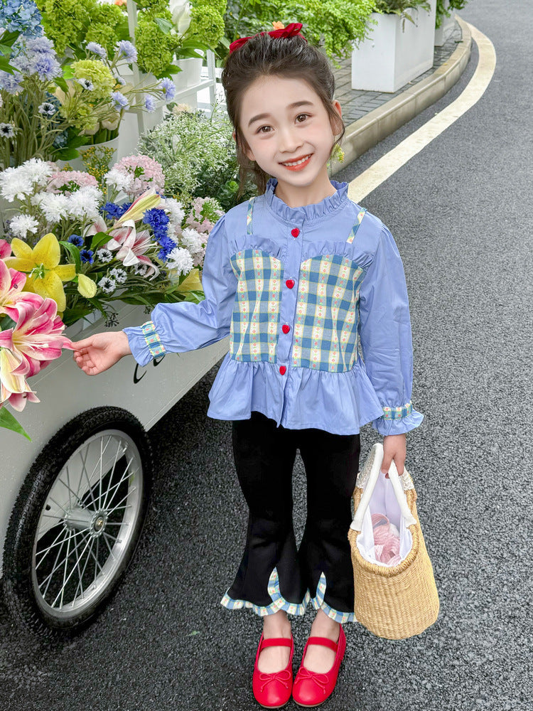 girl Blue Gingham Ruffle Top with Black Flared Pants Set