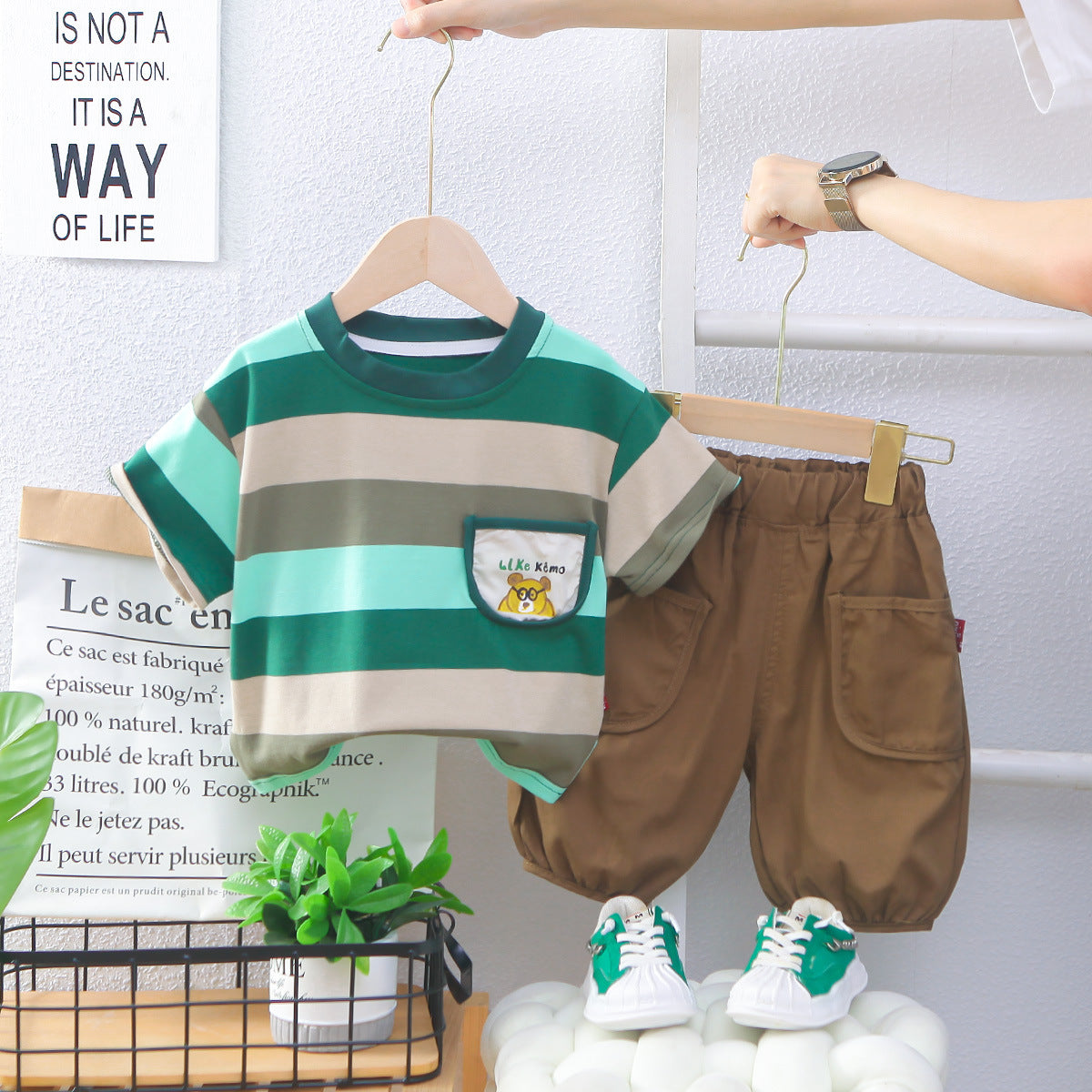 Green and grey T-shirt with Brown Pant set