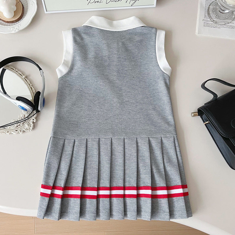Girls Sleeveless Tennis Dress, Bunny Patch, Red Stripe Detail