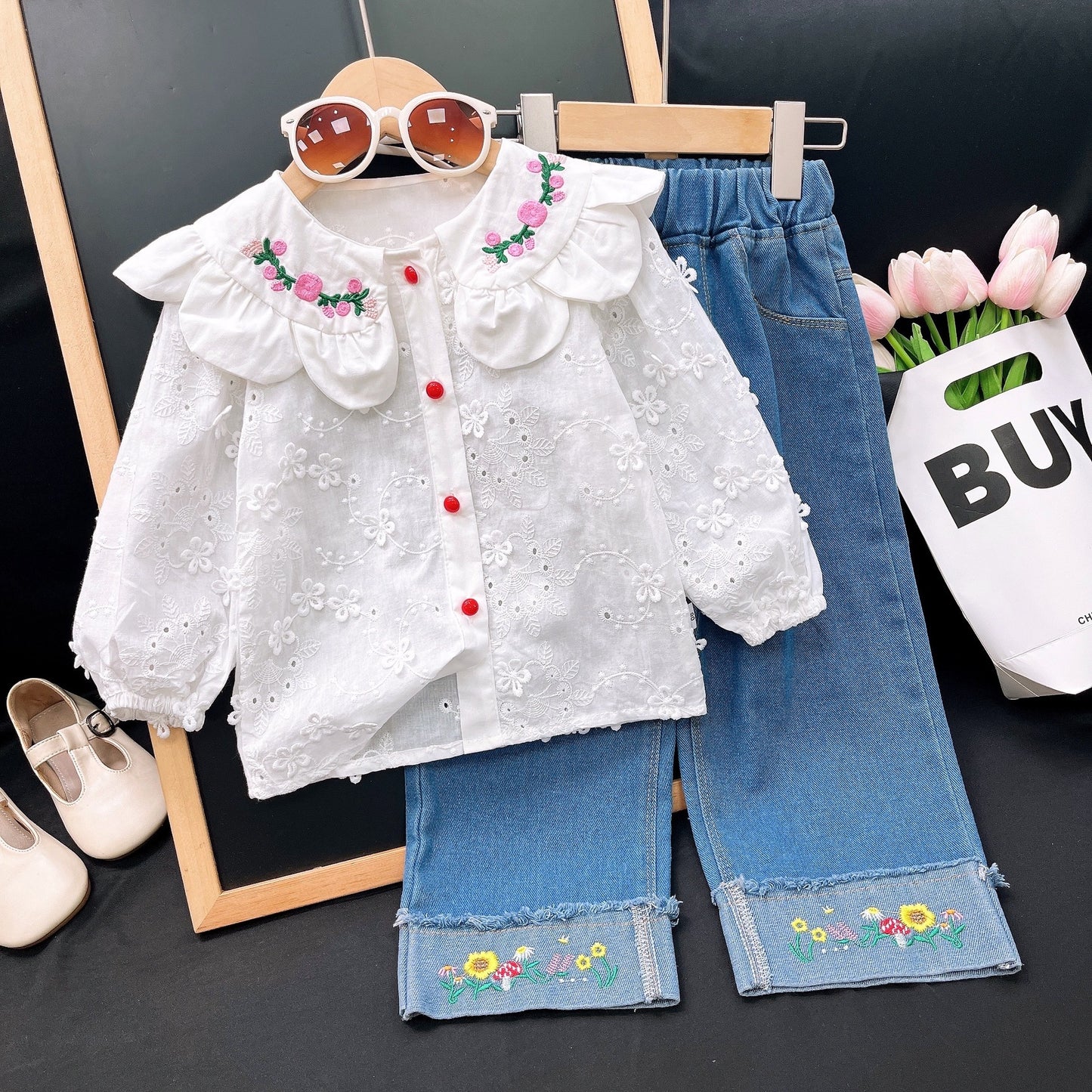 Floral Embroidered Blouse & Denim Jeans Set