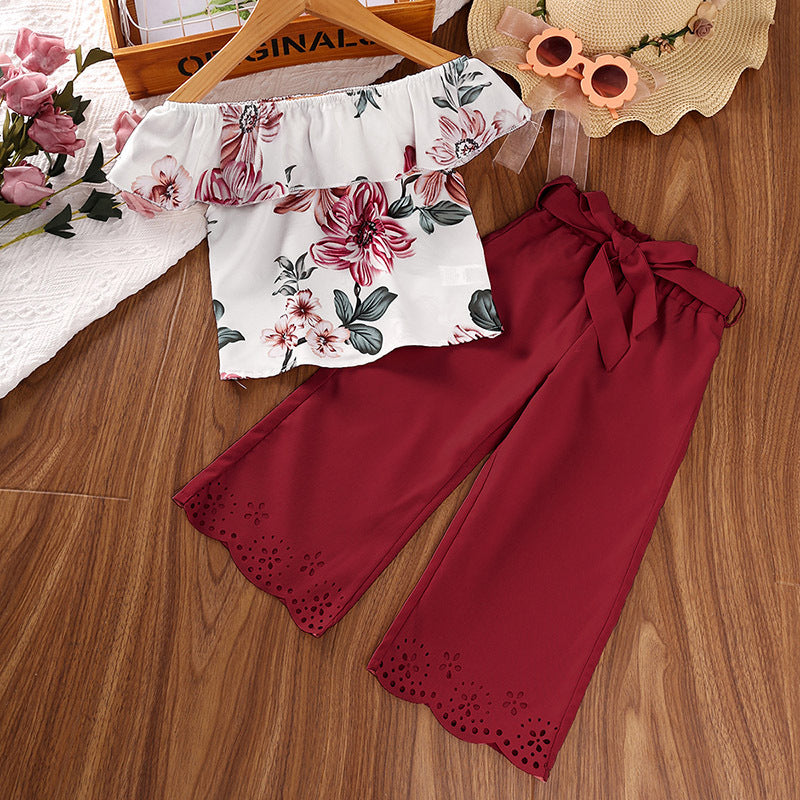 Girls Off Shoulder Top and Wide Leg Pants Set,