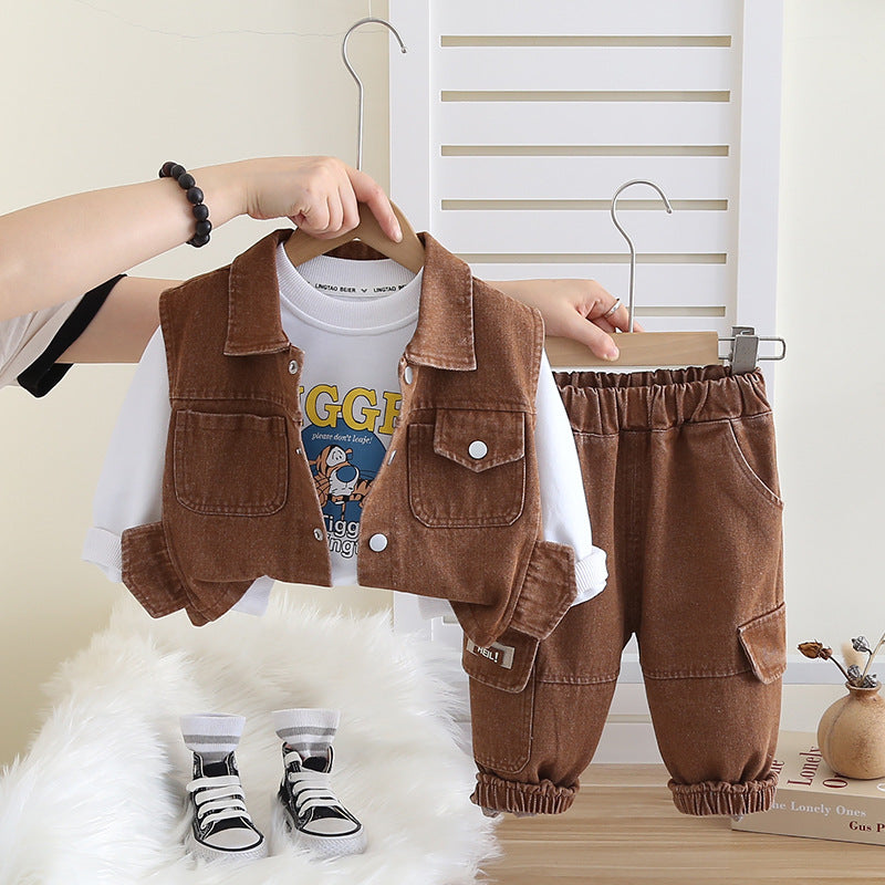Boys Brown Denim Vest Outfit Set