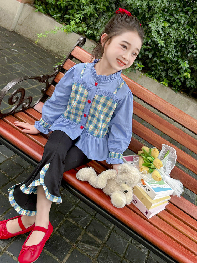 girl Blue Gingham Ruffle Top with Black Flared Pants Set