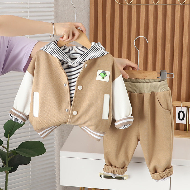 varsity jacket with a striped hood and pants for a trendy look.