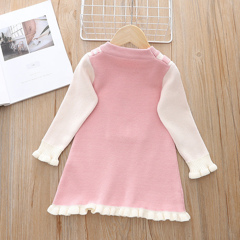Girls Knit Sweater Dress with Bunny Detail, Pink and White, Long Sleeve