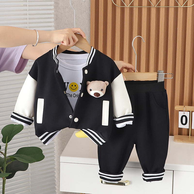 Boys jacket with a plush bear, matching pants for a sporty look.(3piece set)
