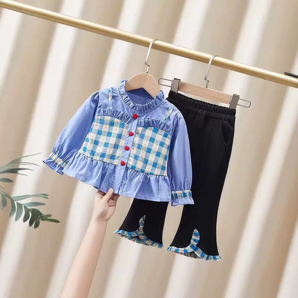 girl Blue Gingham Ruffle Top with Black Flared Pants Set