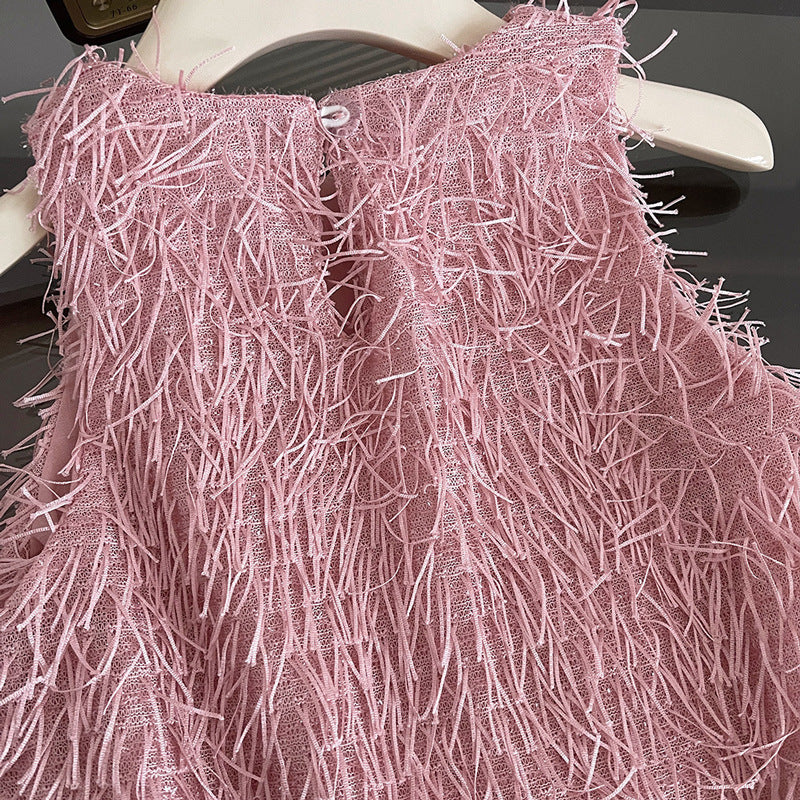Girls Fringe Party Dress, Sleeveless A-Line, Pink