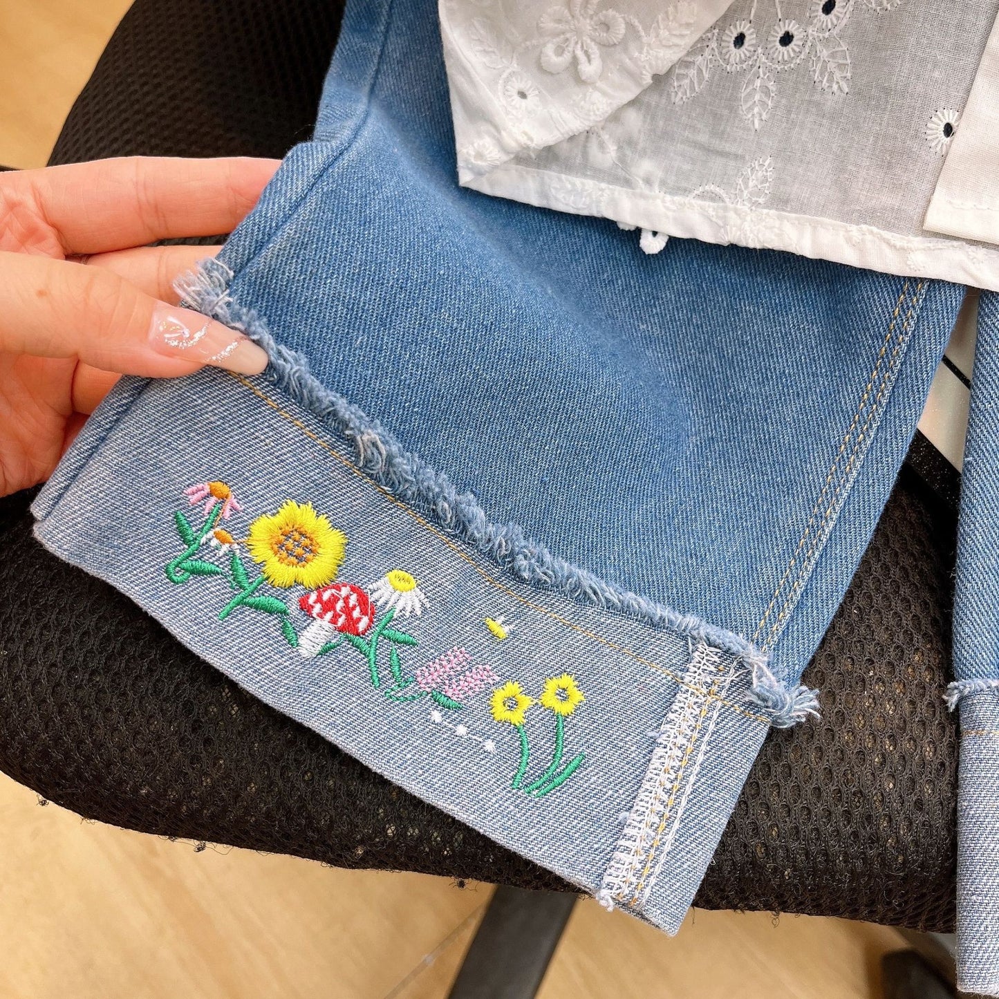 Floral Embroidered Blouse & Denim Jeans Set