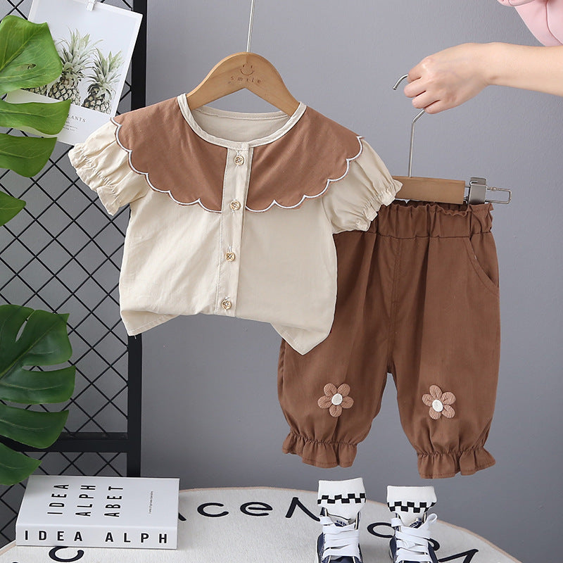Summer Two-Piece Lace Collar,Trousers Girls' Short Sleeve suit