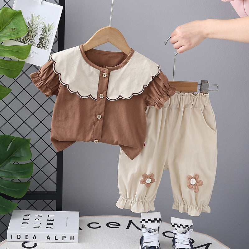 Summer Two-Piece Lace Collar,Trousers Girls' Short Sleeve suit