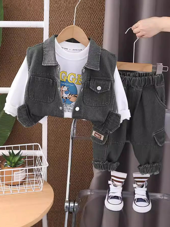 Boys Brown Denim Vest Outfit Set