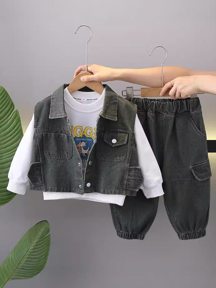Boys Brown Denim Vest Outfit Set