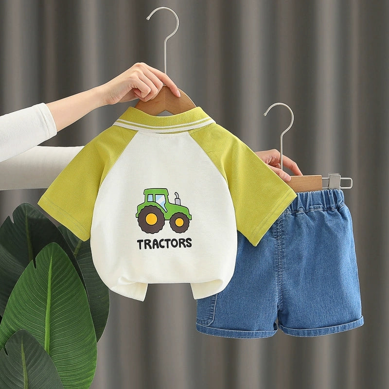 Tractor-themed T-shirt and denim shorts for Boys