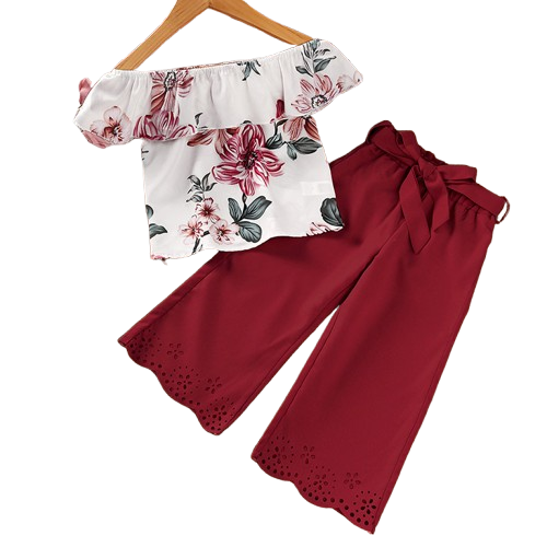 Girls Off Shoulder Top and Wide Leg Pants Set,