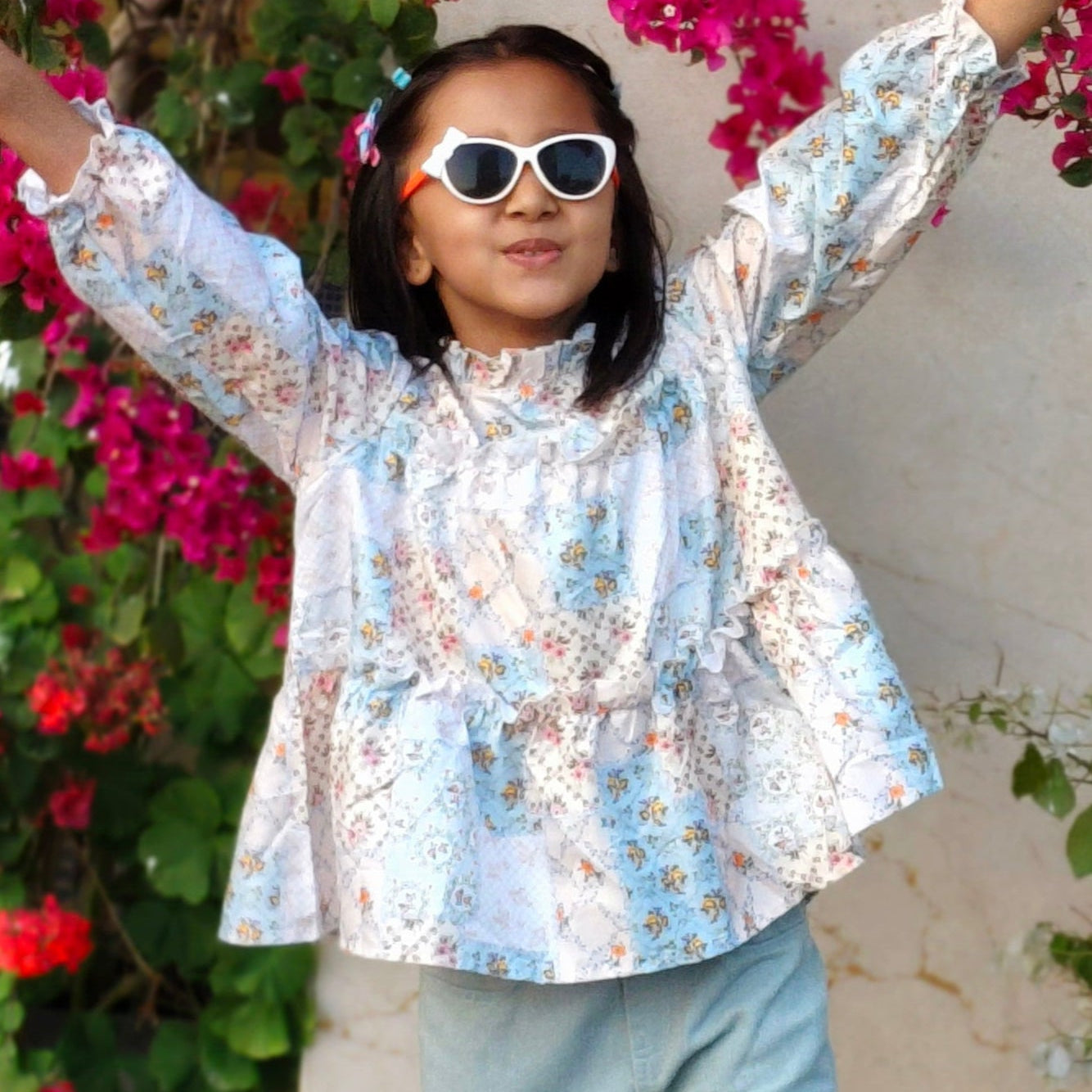 Shark n Dino light multi colour top with Denim Pants Set for Girls