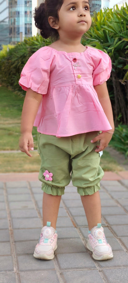 Girls Puff Sleeve Top and Green Floral Bloomers Set, Summer Outfit