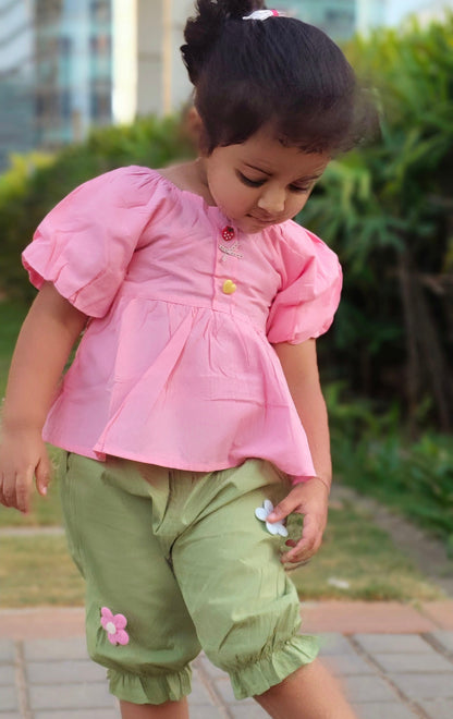 Girls Puff Sleeve Top and Green Floral Bloomers Set, Summer Outfit