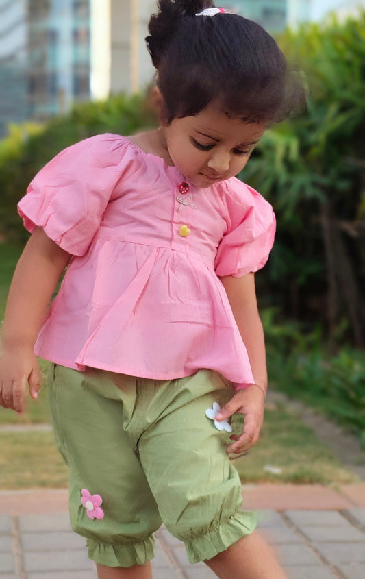 Girls Puff Sleeve Top and Green Floral Bloomers Set, Summer Outfit