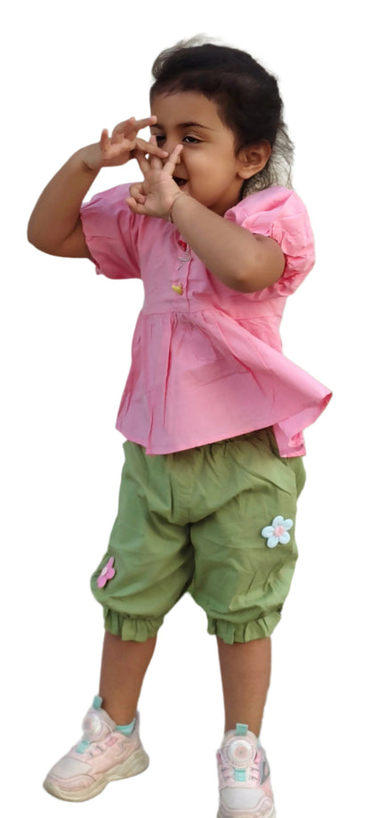 Girls Puff Sleeve Top and Green Floral Bloomers Set, Summer Outfit