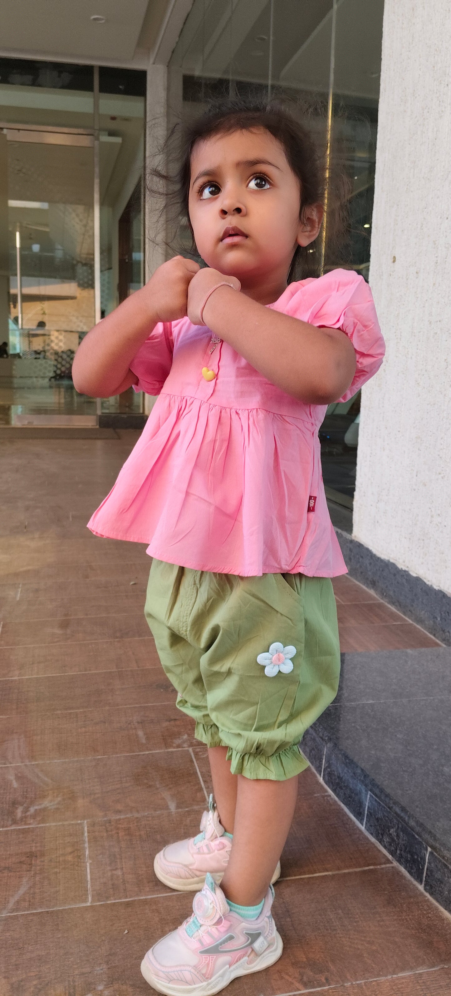 Girls Puff Sleeve Top and Green Floral Bloomers Set, Summer Outfit