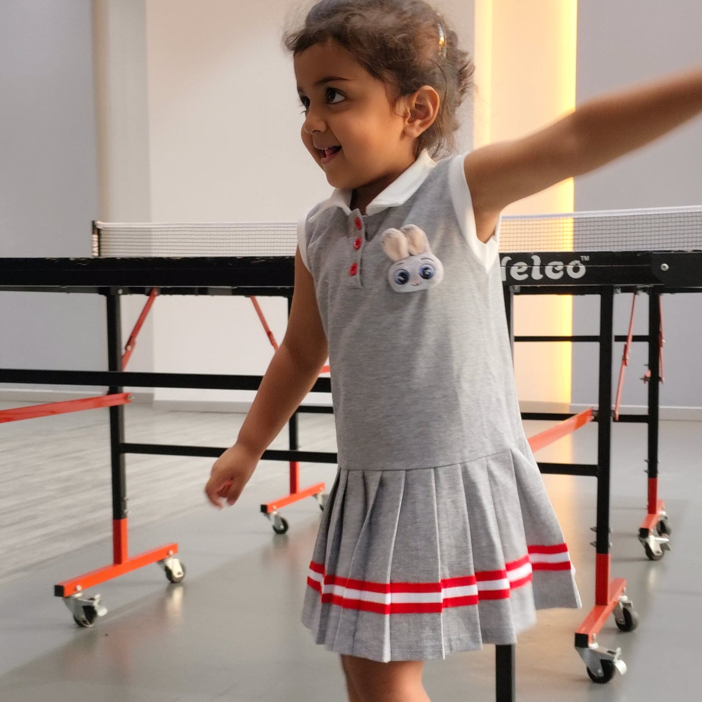 Girls Sleeveless Tennis Dress, Bunny Patch, Red Stripe Detail