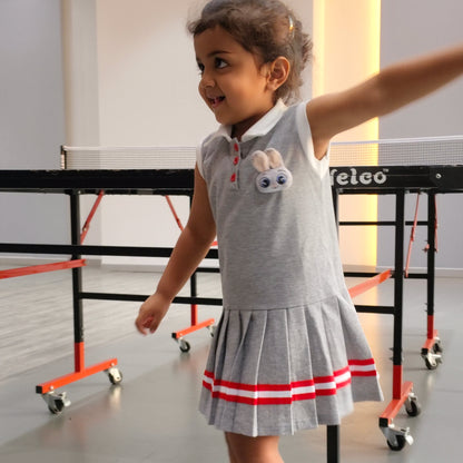 Girls Sleeveless Tennis Dress, Bunny Patch, Red Stripe Detail