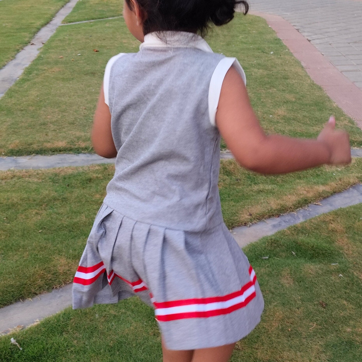 Girls Sleeveless Tennis Dress, Bunny Patch, Red Stripe Detail