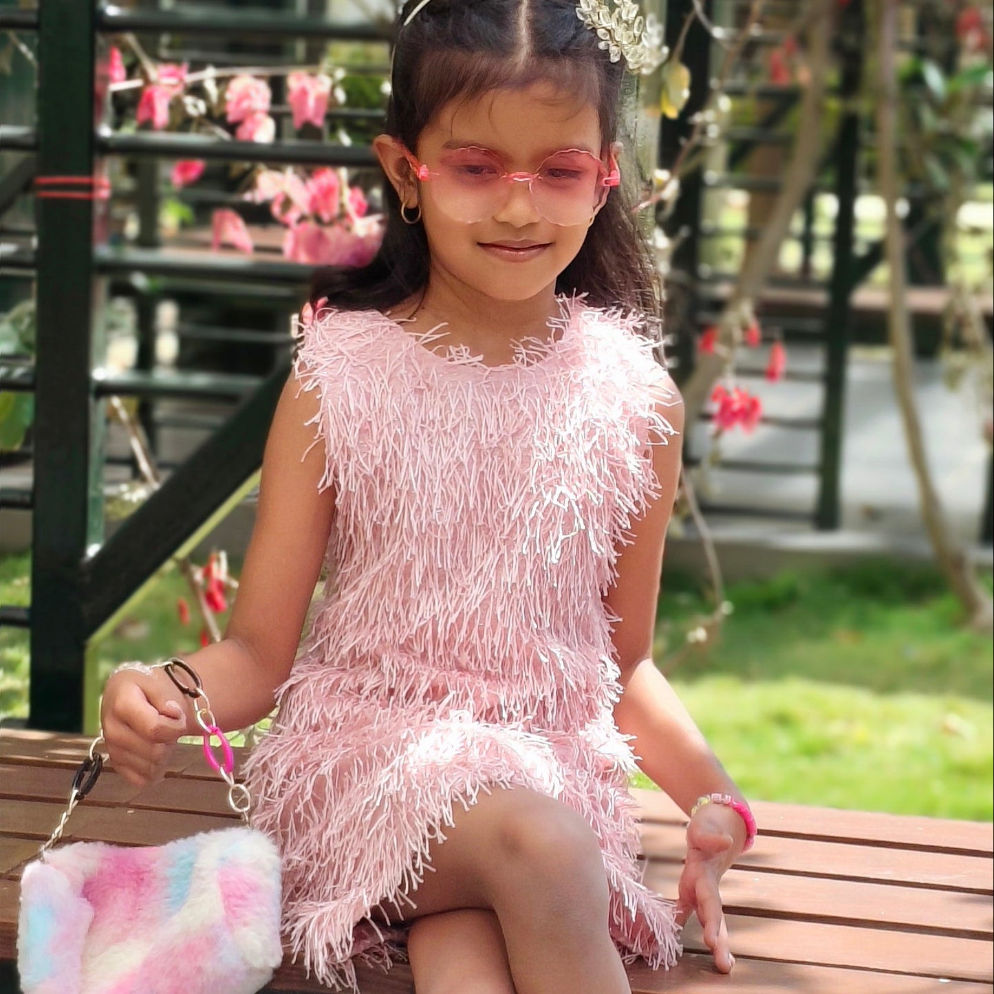 Girls Fringe Party Dress, Sleeveless A-Line, Pink