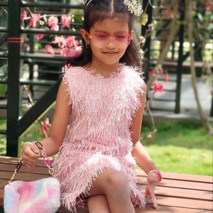 Girls Fringe Party Dress, Sleeveless A-Line, Pink