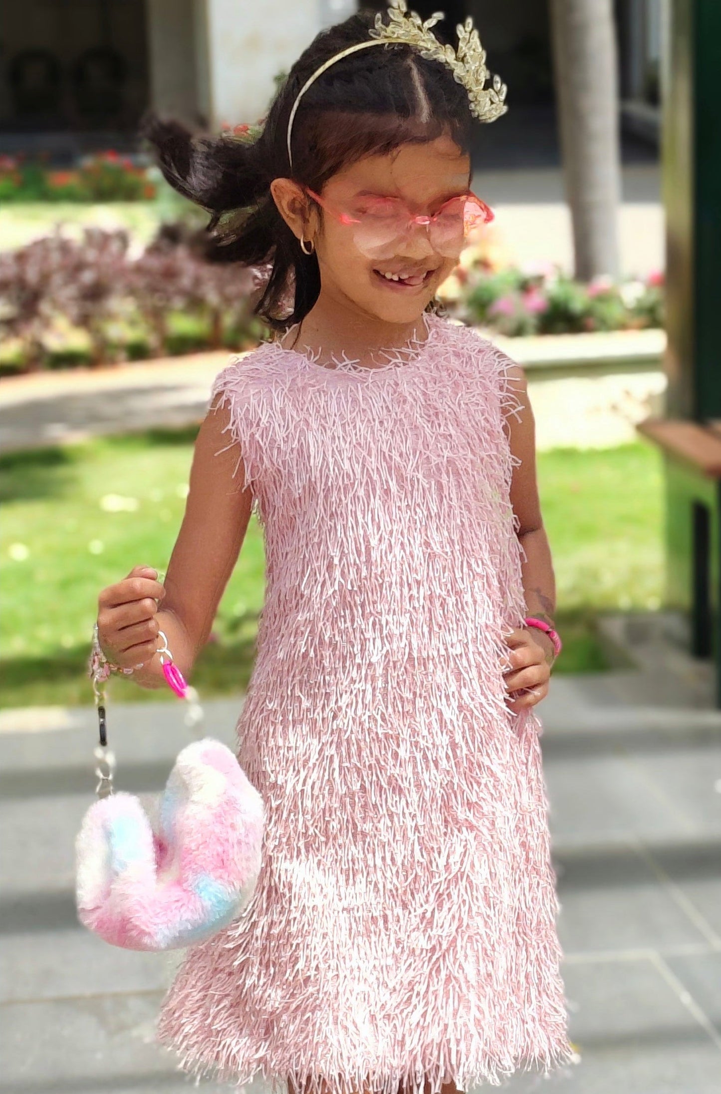 Girls Fringe Party Dress, Sleeveless A-Line, Pink