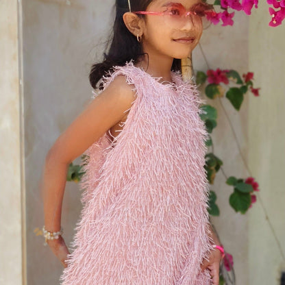 Girls Fringe Party Dress, Sleeveless A-Line, Pink