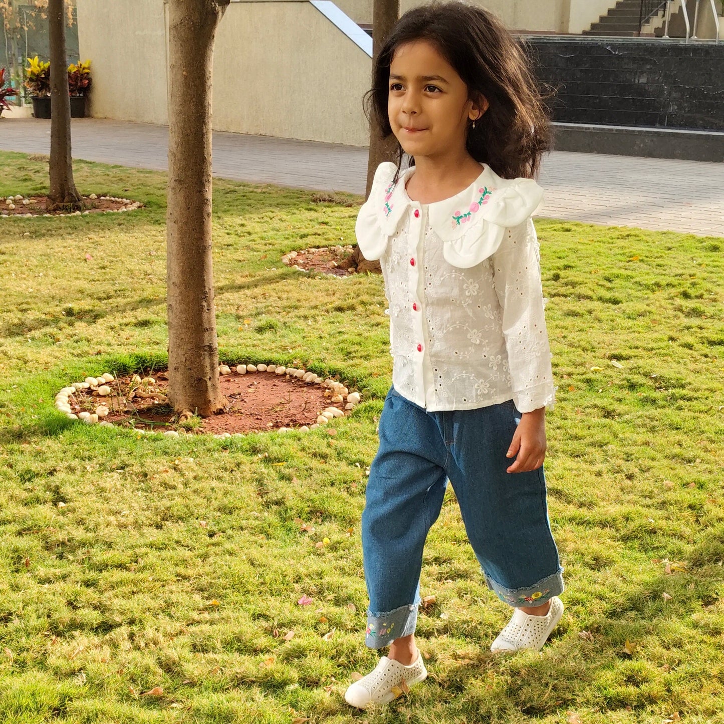 Floral Embroidered Blouse & Denim Jeans Set
