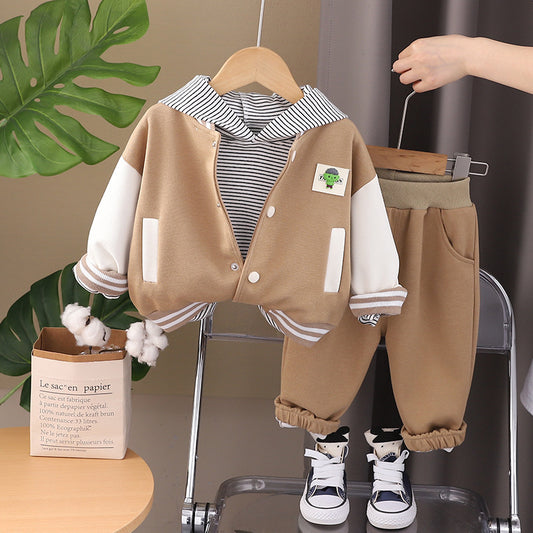 varsity jacket with a striped hood and pants for a trendy  look.