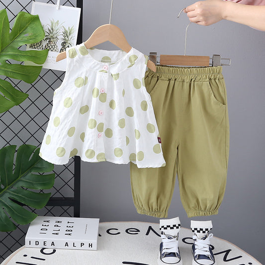 Girls Polka Dot Sleeveless Top and Elastic Pants Set,