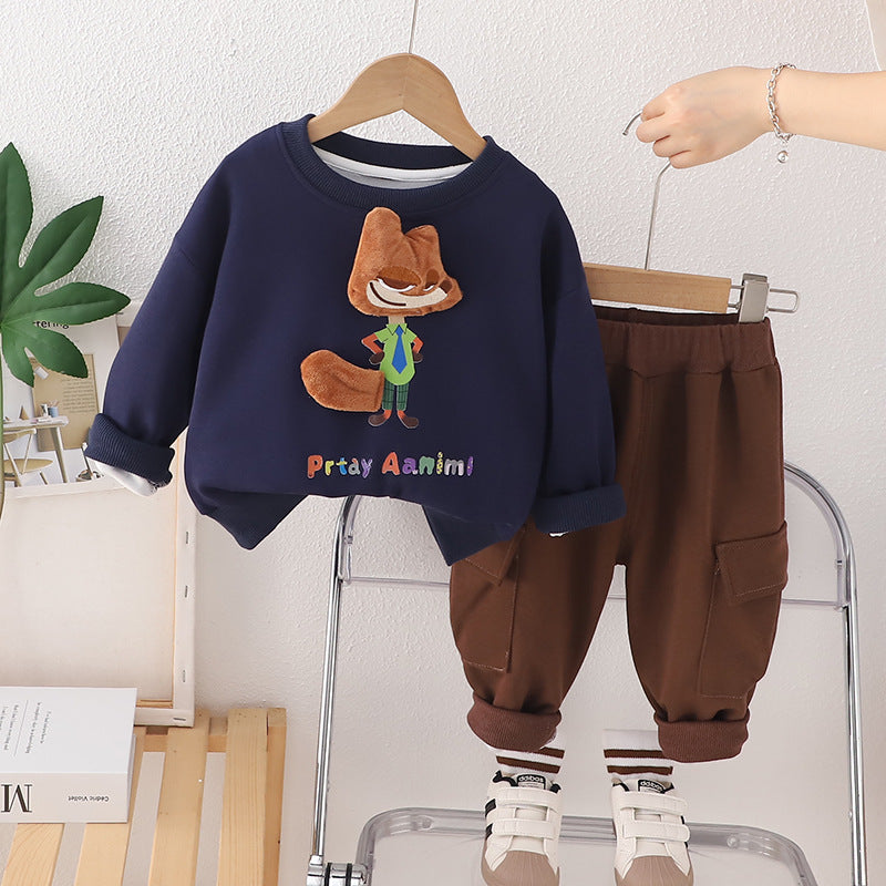 boys two-piece outfit featuring sweatshirt with a 3D fox applique cargo pants