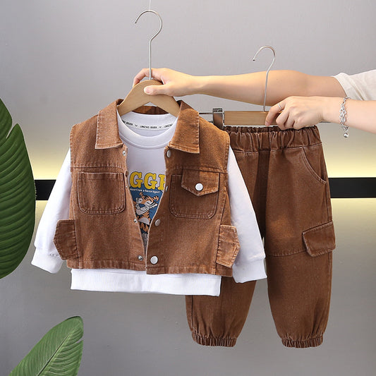 Boys Brown Denim Vest Outfit Set