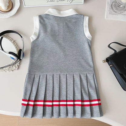 Girls Sleeveless Tennis Dress, Bunny Patch, Red Stripe Detail