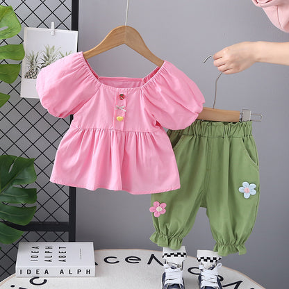 Girls Puff Sleeve Top and Green Floral Bloomers Set, Summer Outfit