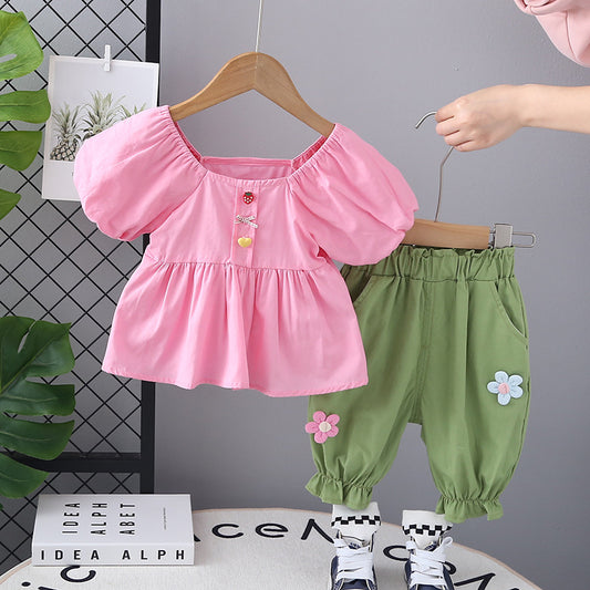 Girls Puff Sleeve Top and Green Floral Bloomers Set, Summer Outfit