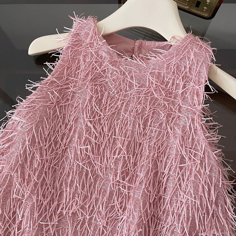 Girls Fringe Party Dress, Sleeveless A-Line, Pink