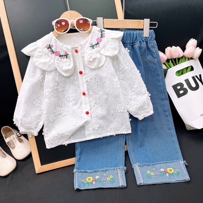 Floral Embroidered Blouse & Denim Jeans Set