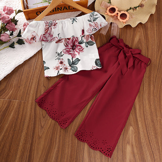 Girls Off Shoulder Top and Wide Leg Pants Set,