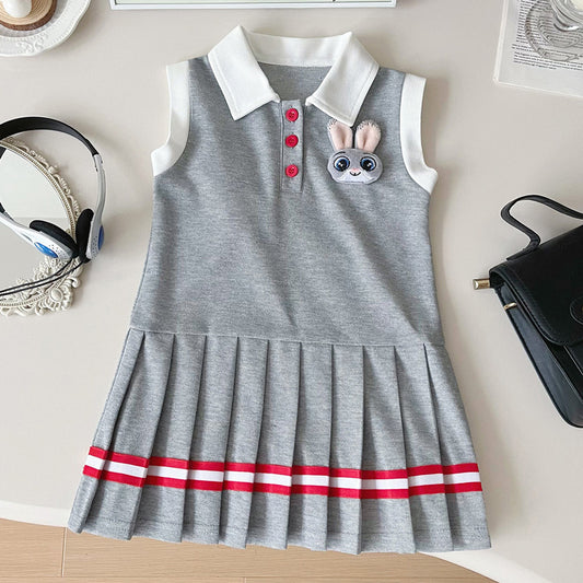 Girls Sleeveless Tennis Dress, Bunny Patch, Red Stripe Detail